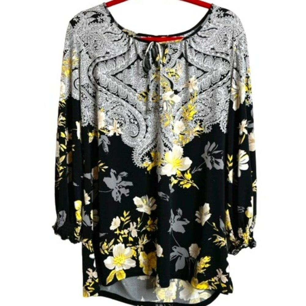 Susan Graver Black Falling Flower Top w/Tassel Detail Size Large